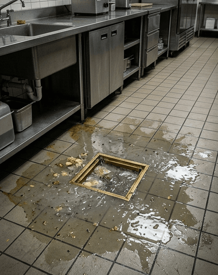 Flooded commercial kitchen floor — grease trap overflow