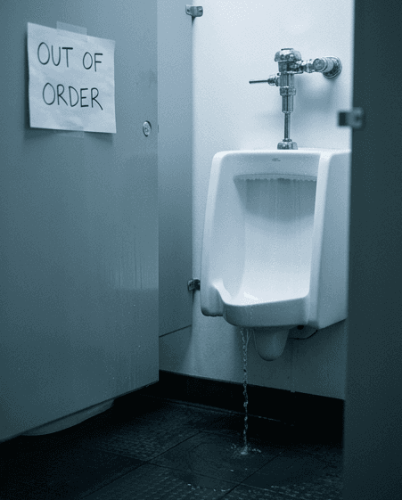 Out of order sign on a leaking commercial restroom fixture