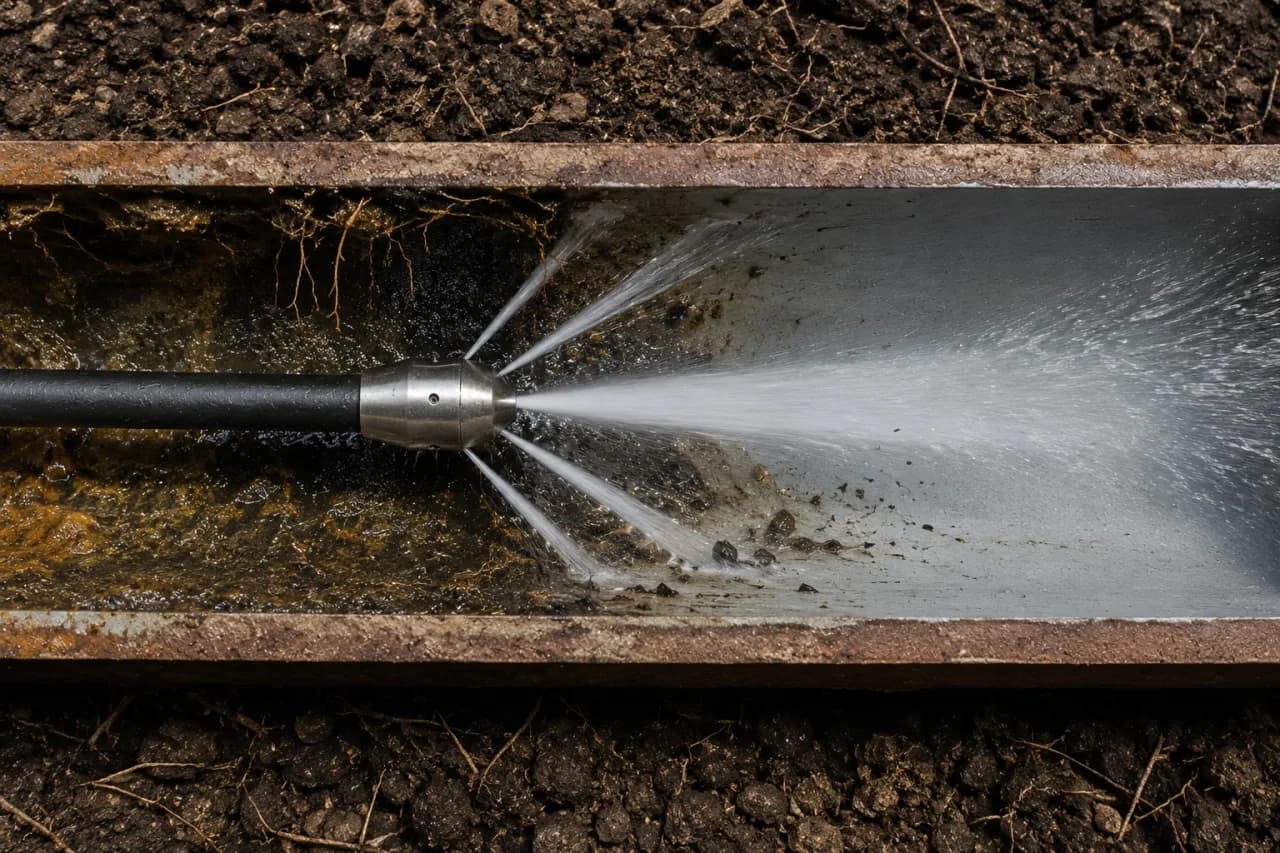 High-pressure hydro jetting nozzle clearing debris and roots from a residential sewer line