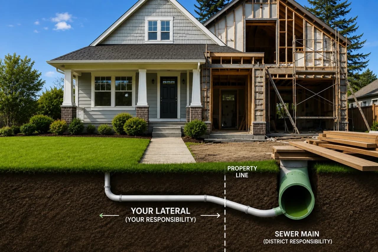 Diagram of a private sewer lateral — the homeowner's pipe from the house to the property line, connecting to the district sewer main