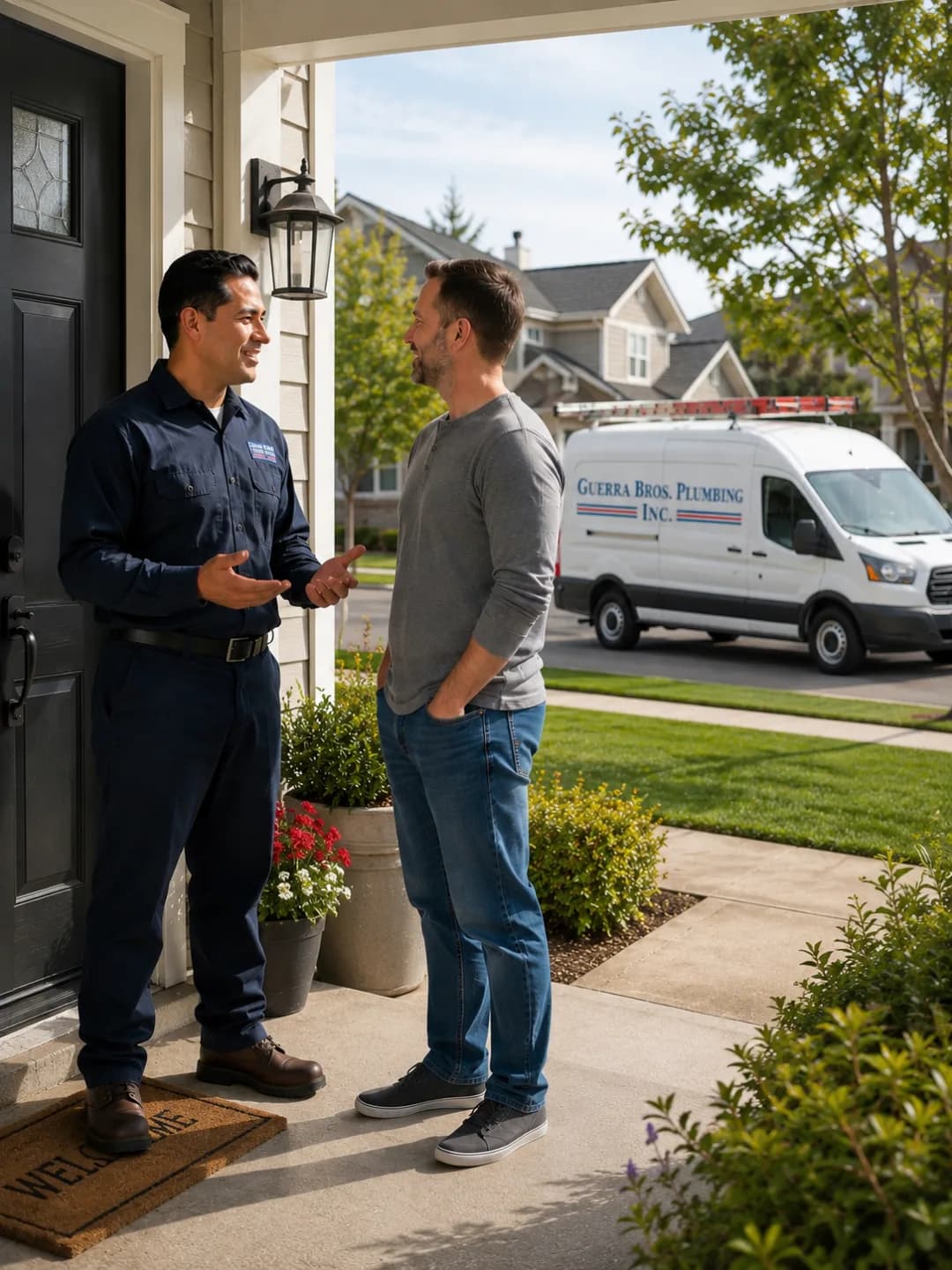 Guerra Bros. Plumbing technician talking with a homeowner at the front door