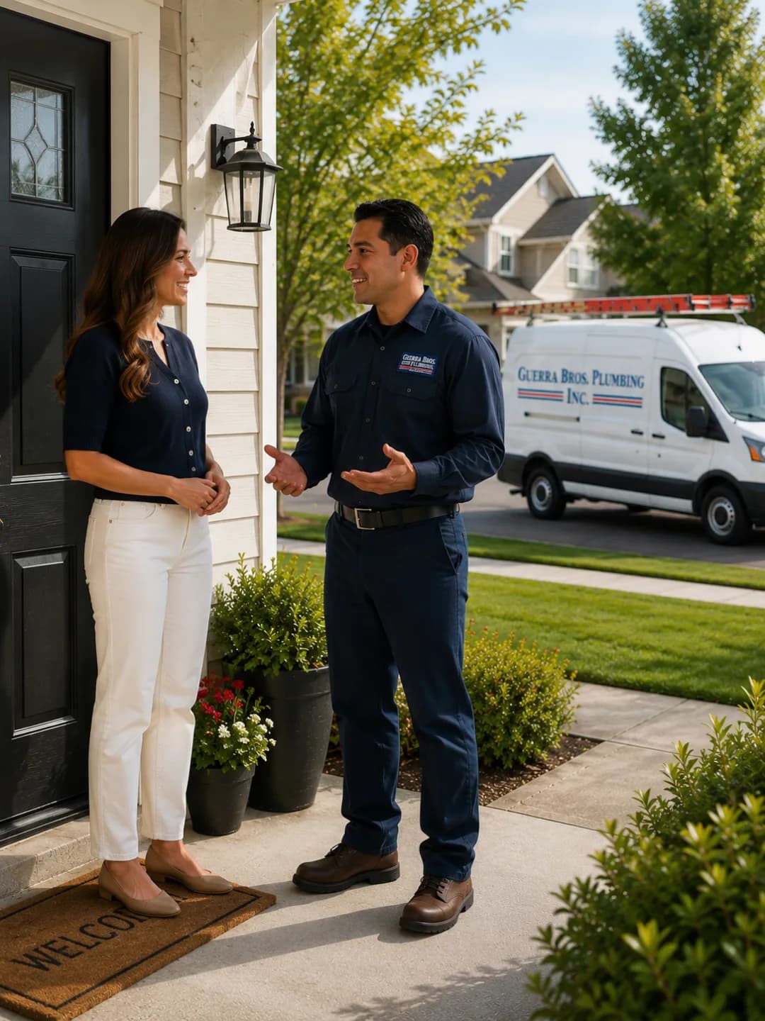 Guerra Bros. Plumbing technician talking with a homeowner at the front door