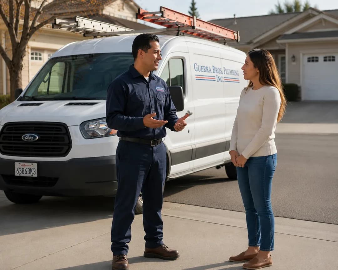 Guerra Bros. Plumbing technician and homeowner shaking hands in a driveway, service van in background