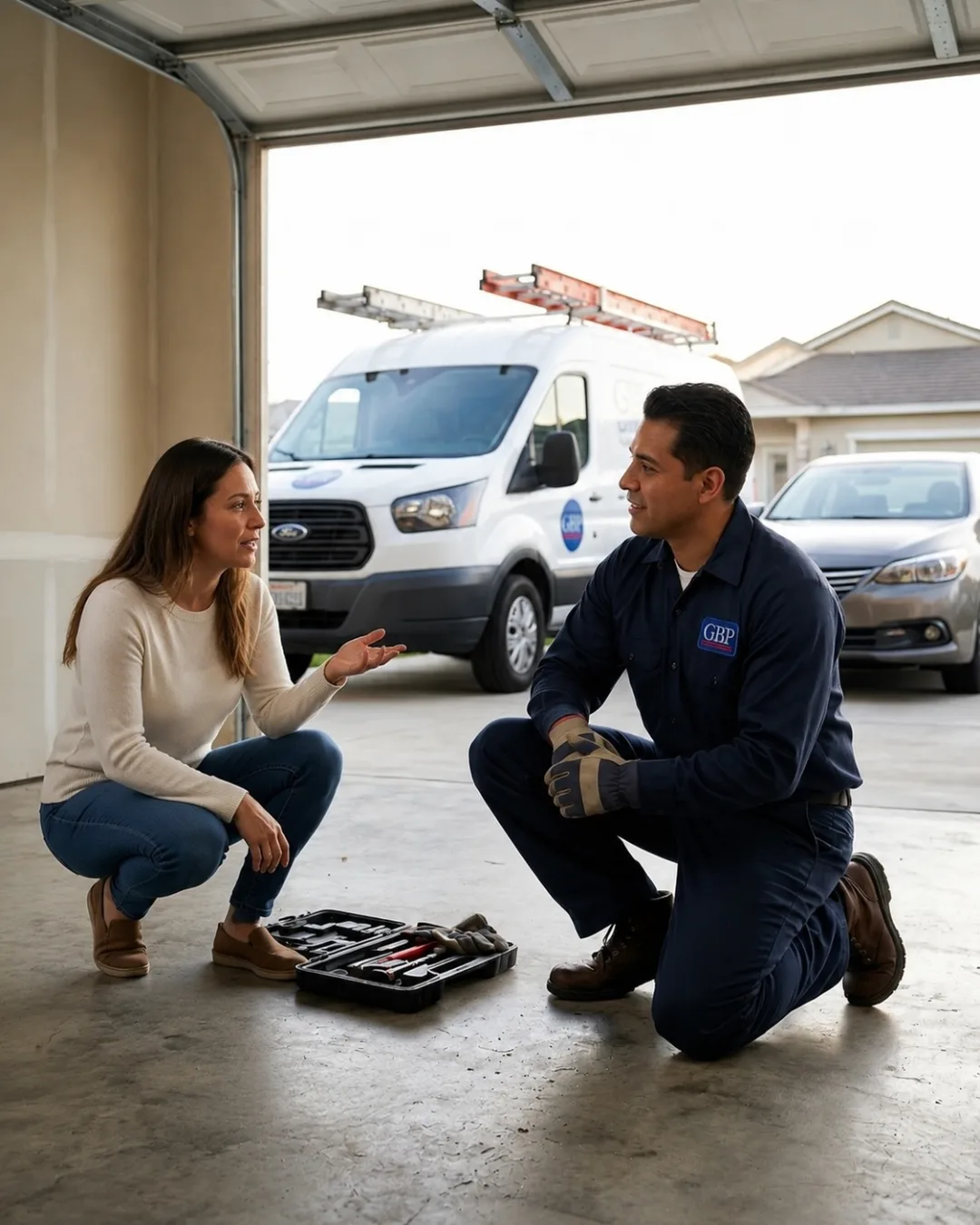 Guerra Bros. Plumbing technician and homeowner talking beside an open toolbox in a garage