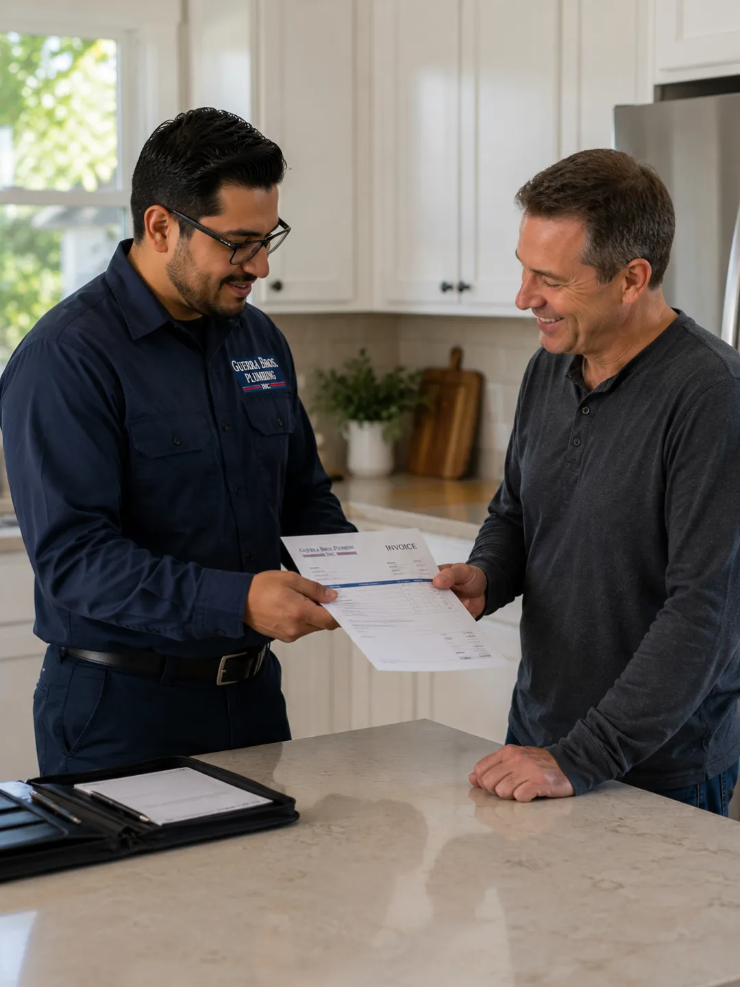 Guerra Bros. Plumbing technician reviewing an invoice with a homeowner in the kitchen