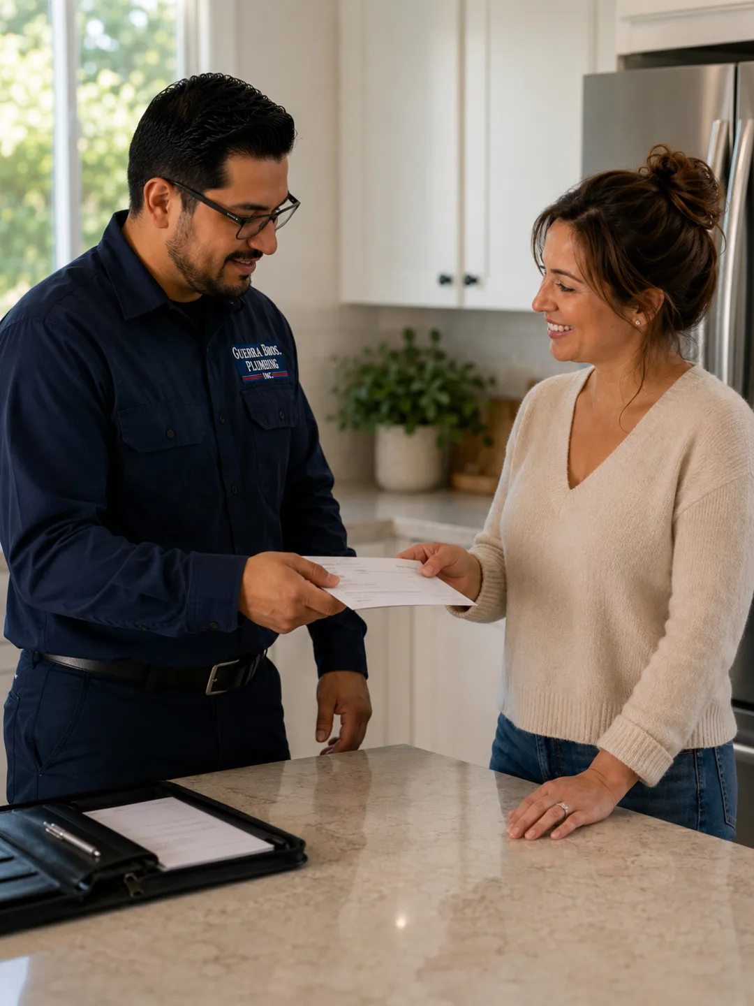 Guerra Bros. Plumbing technician reviewing an invoice with a homeowner in the kitchen