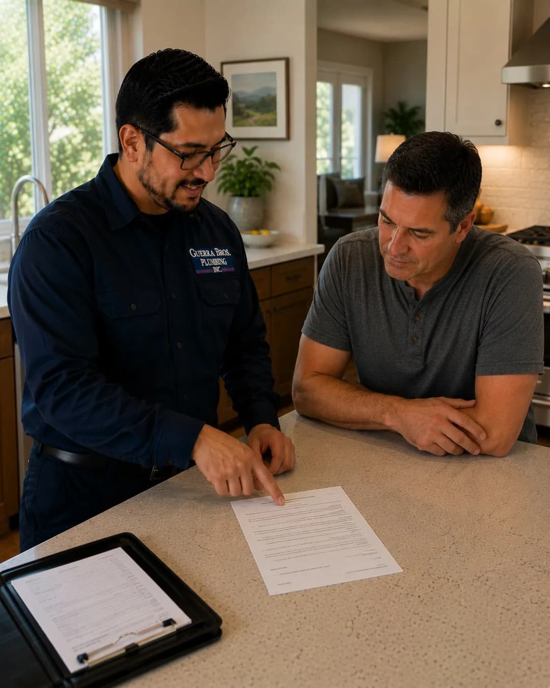 Guerra Bros. Plumbing technician talking with a homeowner at the kitchen island