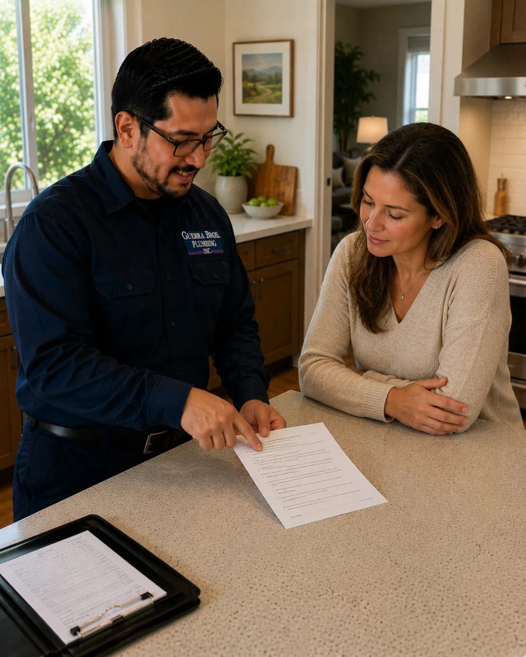 Guerra Bros. Plumbing technician talking with a homeowner at the kitchen island