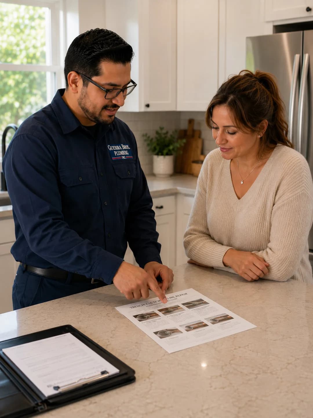 Guerra Bros. Plumbing technician explaining a trenchless sewer repair sheet to a homeowner in the kitchen