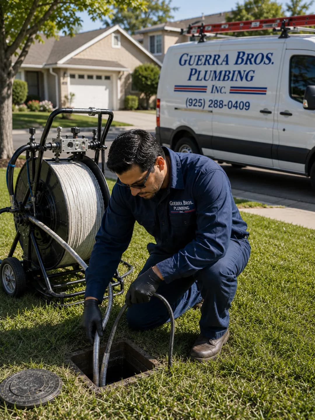 Guerra Bros. Plumbing technician setting up a CIPP lining reel at a sewer cleanout, service van in background