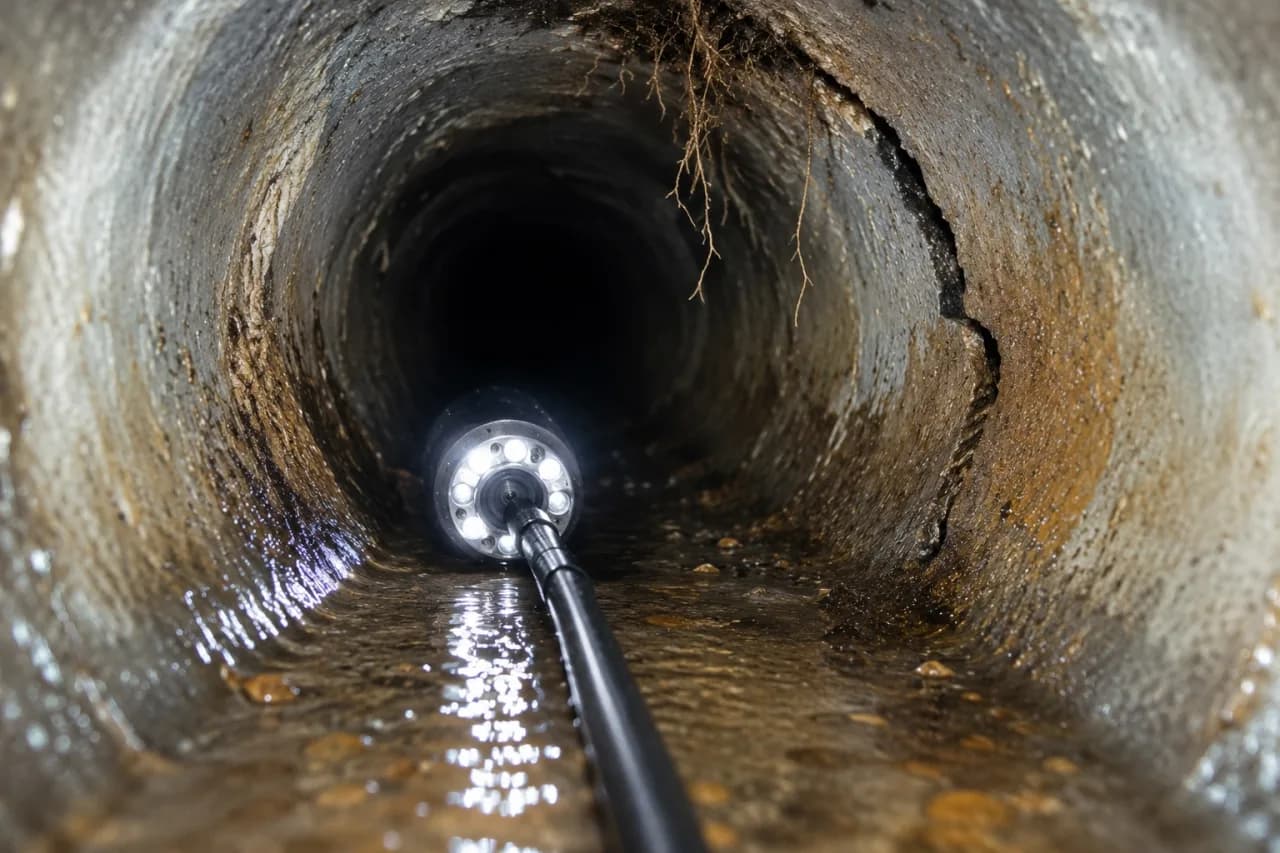 Sewer camera view from inside a residential pipe showing root intrusion and a crack in the pipe wall