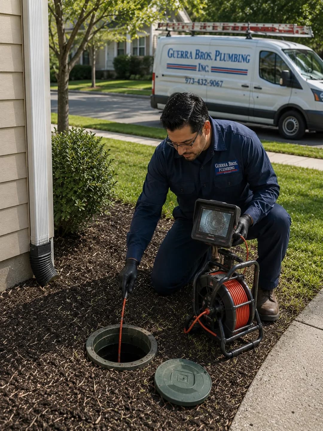 Guerra Bros. Plumbing technician lowering a sewer camera into a cleanout, monitor and reel visible, service van in background